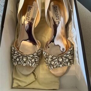 Cream 
Badgley Mishka size 7.5 wedges with beautiful stones - used one night